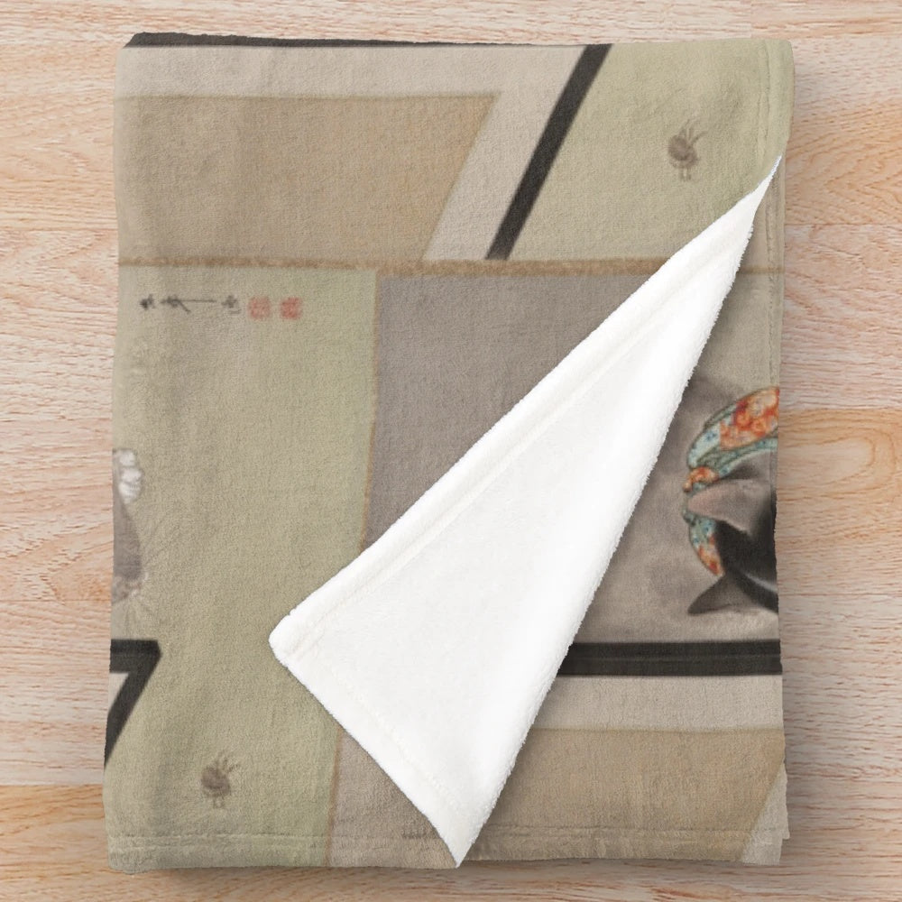 Plush blanket depicting a cat watching a spider in a traditional Japanese classical painting style