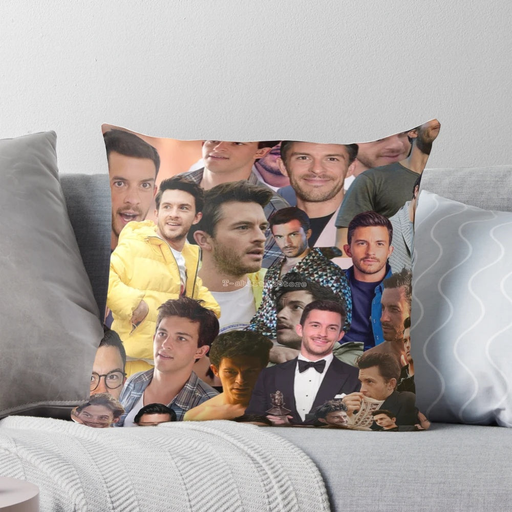 A high-quality pillow featuring a collage of photos of the actor Jonathan Bailey.