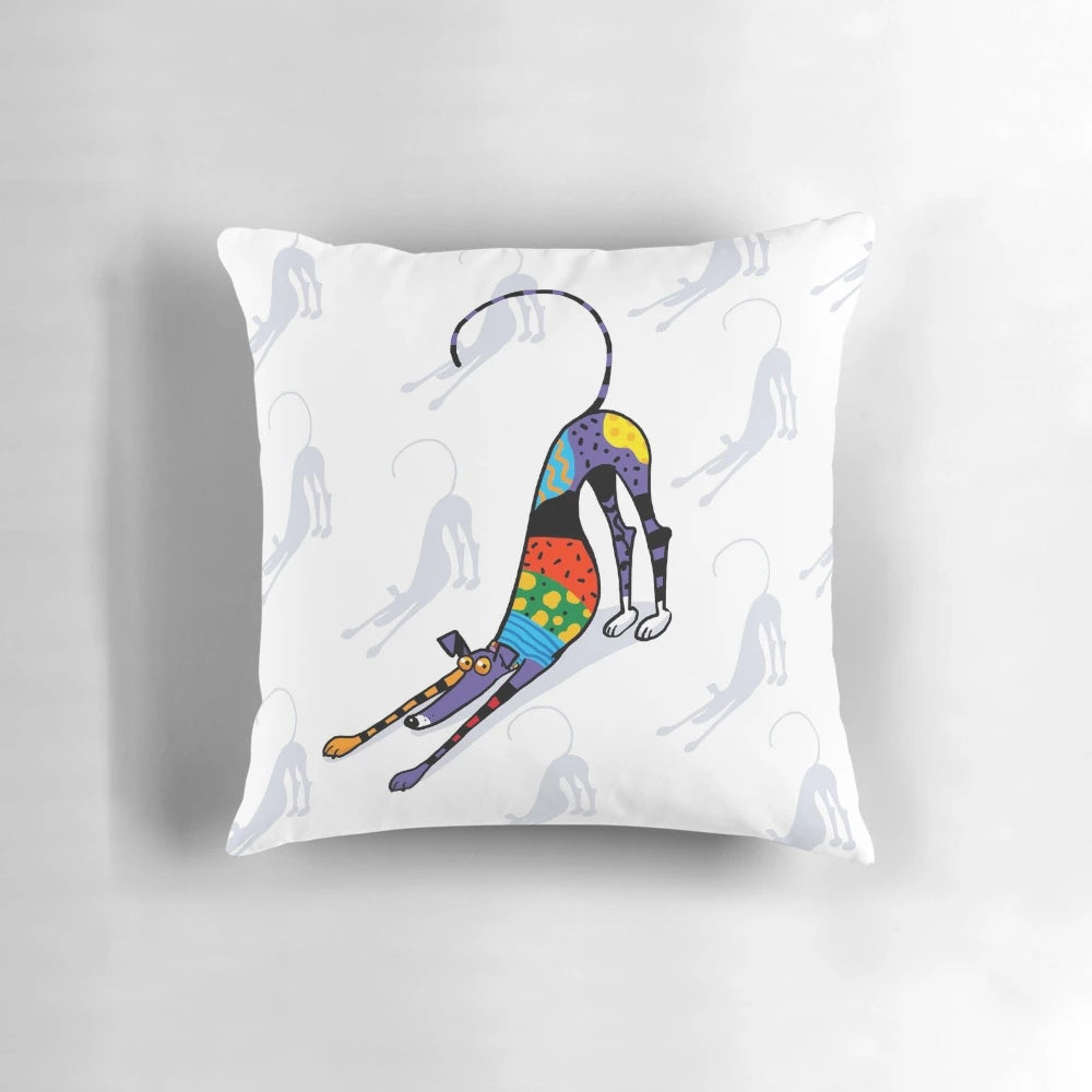 Vibrant and colorful Kaleidoscope Bowdown Pillow featuring a stylized greyhound, whippet, or lurcher design