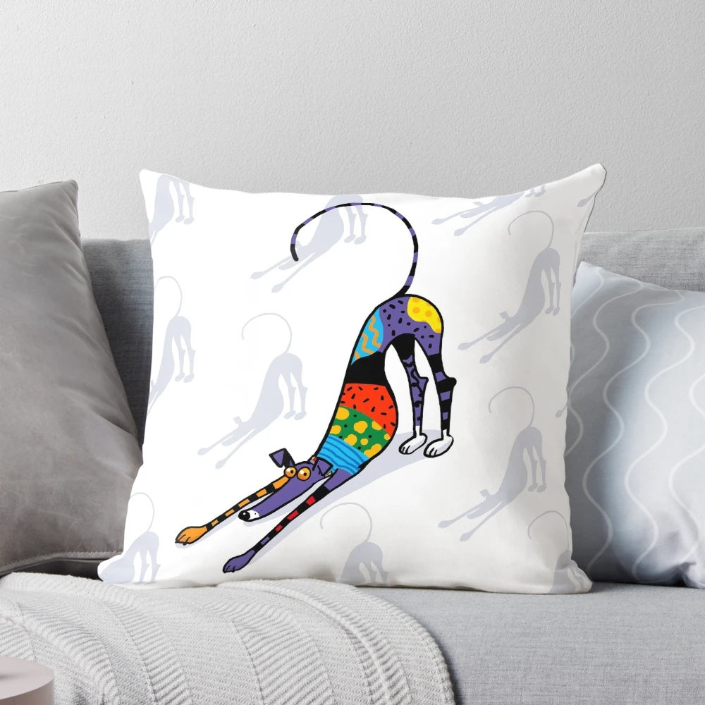 Vibrant and colorful Kaleidoscope Bowdown Pillow featuring a stylized greyhound, whippet, or lurcher design
