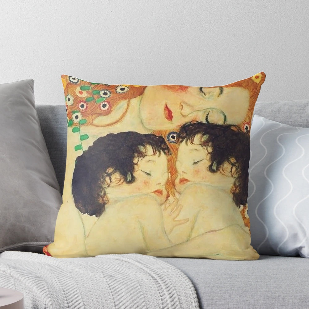 Klimt-inspired "Three Ages of Woman" digital painting pillow featuring a mother and child in a modern, abstract style.