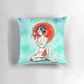 Vibrant koi fish pillow with geisha, kimono, and underwater scene design