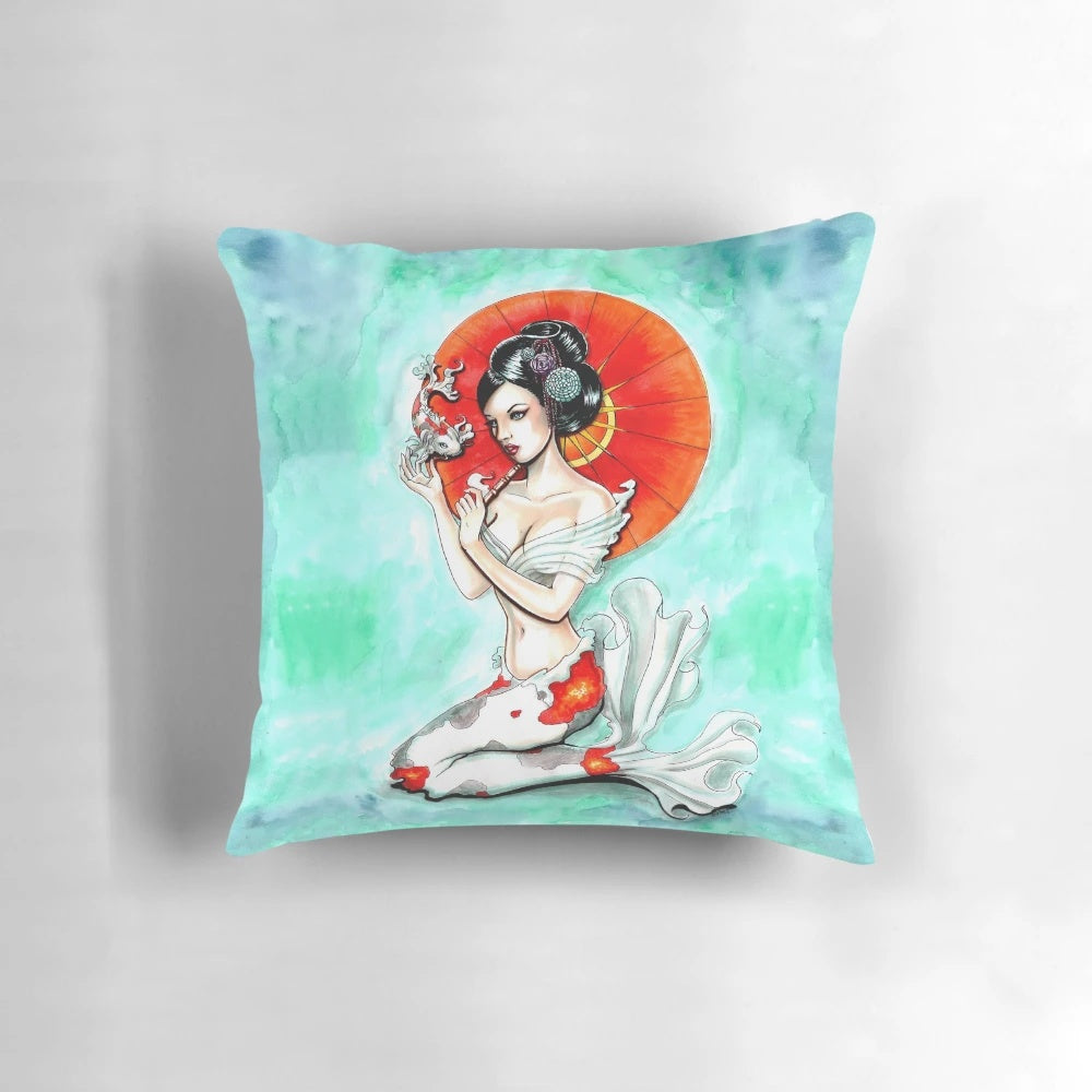 Vibrant koi fish pillow with geisha, kimono, and underwater scene design