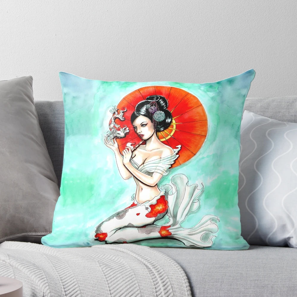 Vibrant koi fish pillow with geisha, kimono, and underwater scene design