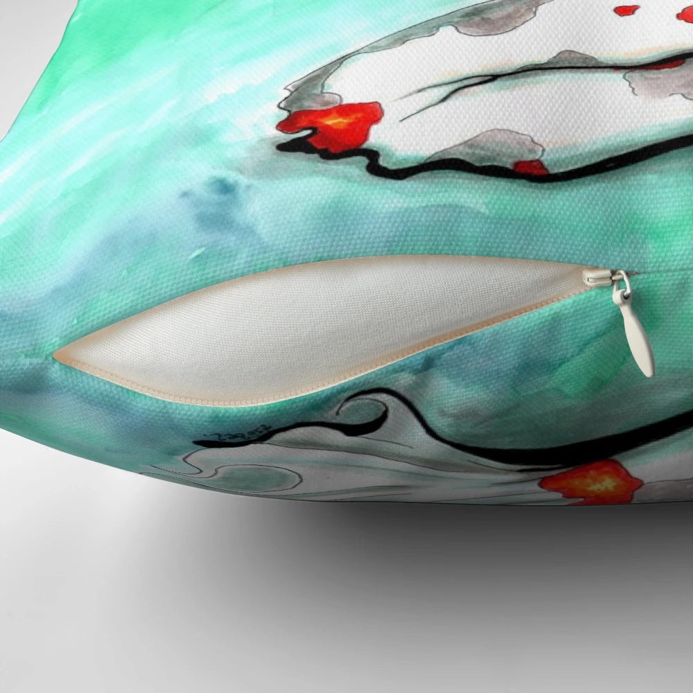 Vibrant koi fish pillow with geisha, kimono, and underwater scene design
