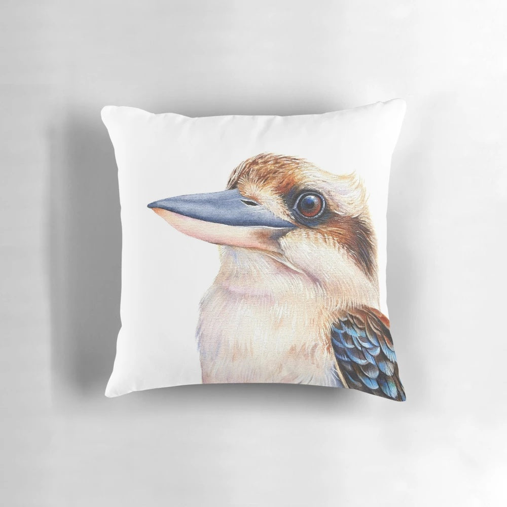 Colorful watercolor painting of a kookaburra, an iconic Australian bird, featured on a decorative throw pillow.