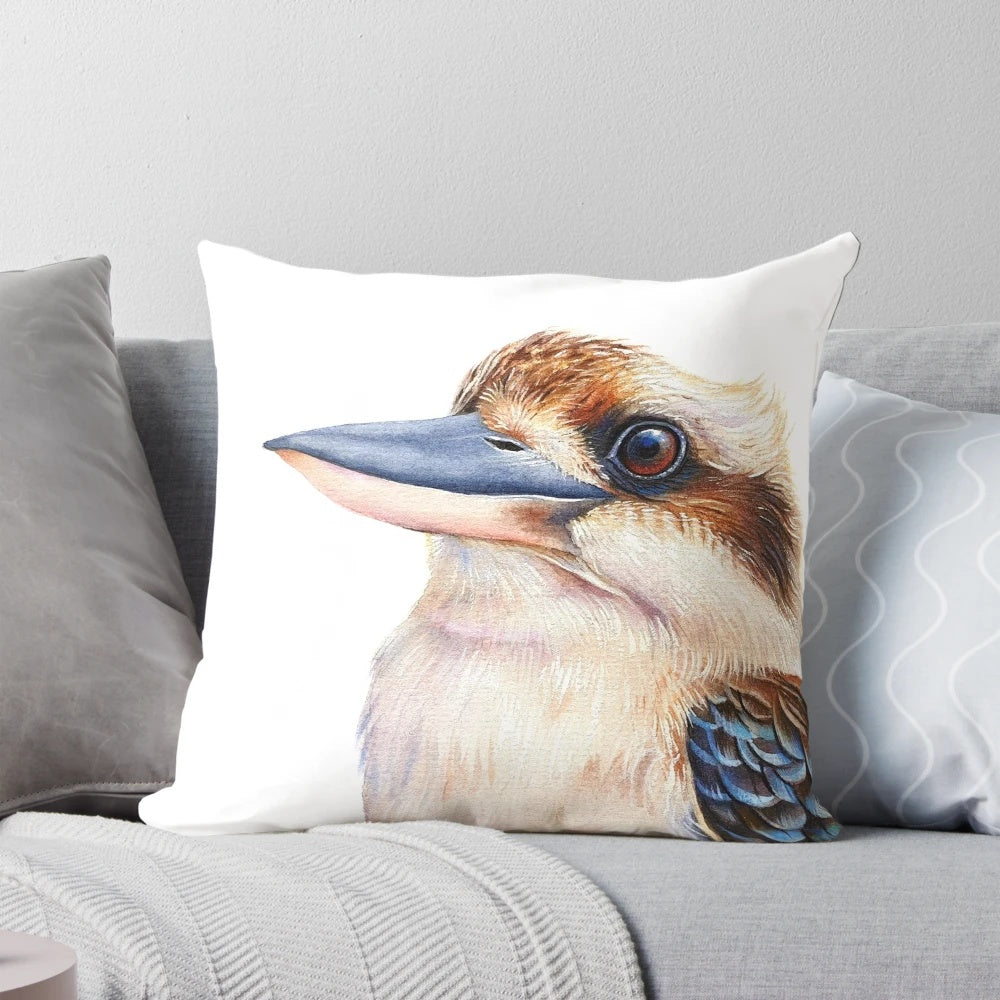 Colorful watercolor painting of a kookaburra, an iconic Australian bird, featured on a decorative throw pillow.