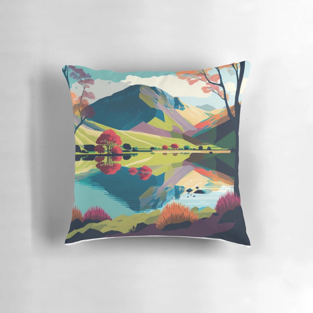 Vibrant pillow featuring a scenic landscape of the Lake District in England, including mountains, forests, and lakes.
