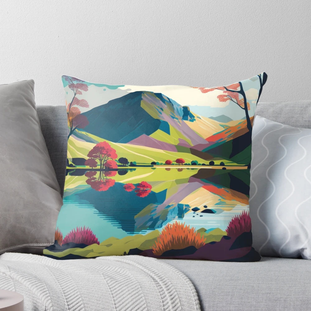 Vibrant pillow featuring a scenic landscape of the Lake District in England, including mountains, forests, and lakes.