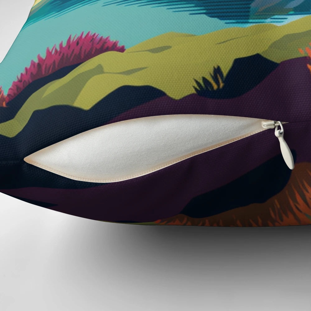 Vibrant pillow featuring a scenic landscape of the Lake District in England, including mountains, forests, and lakes.