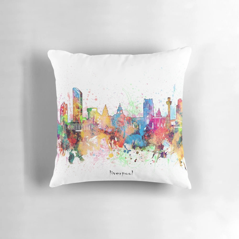 A vibrant watercolor-style illustration of the iconic Liverpool skyline, featuring the city's most recognizable landmarks on a soft, comfortable pillow.