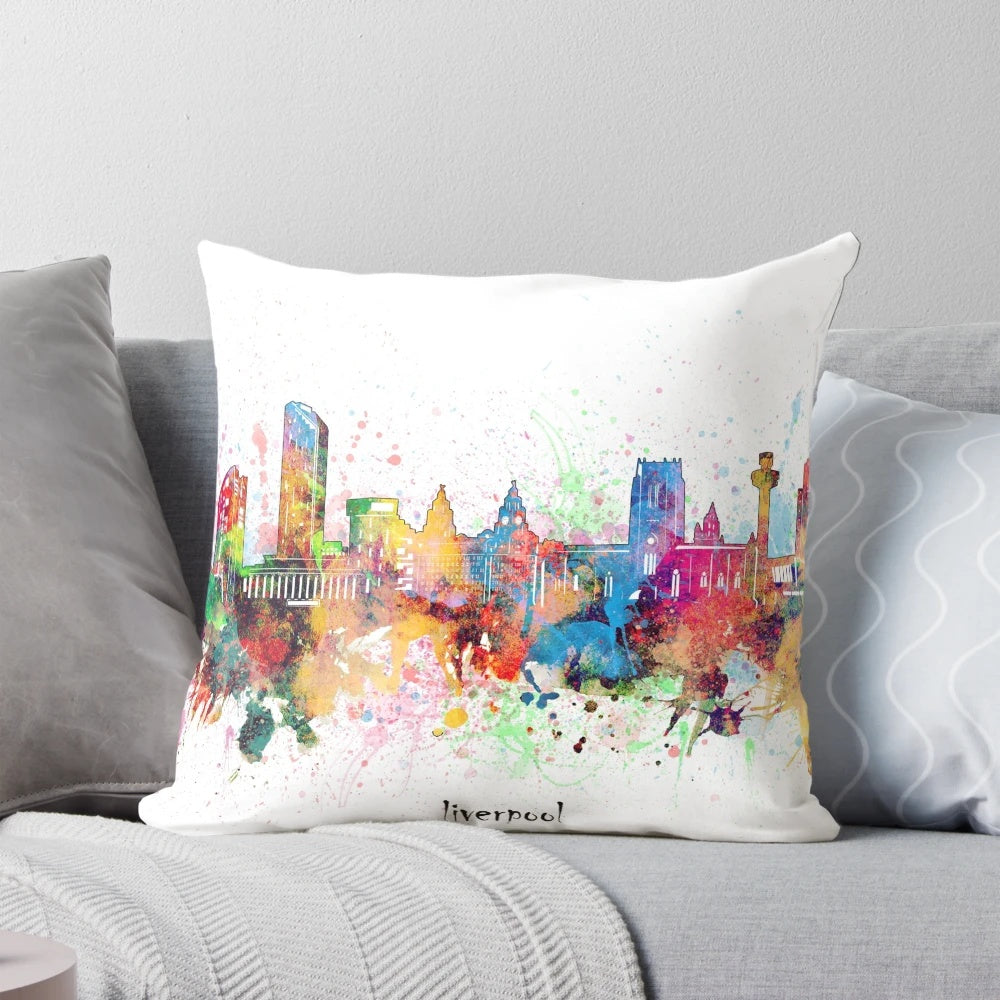 A vibrant watercolor-style illustration of the iconic Liverpool skyline, featuring the city's most recognizable landmarks on a soft, comfortable pillow.