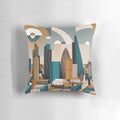 A decorative pillow featuring an abstract, modern design of the iconic London skyline.