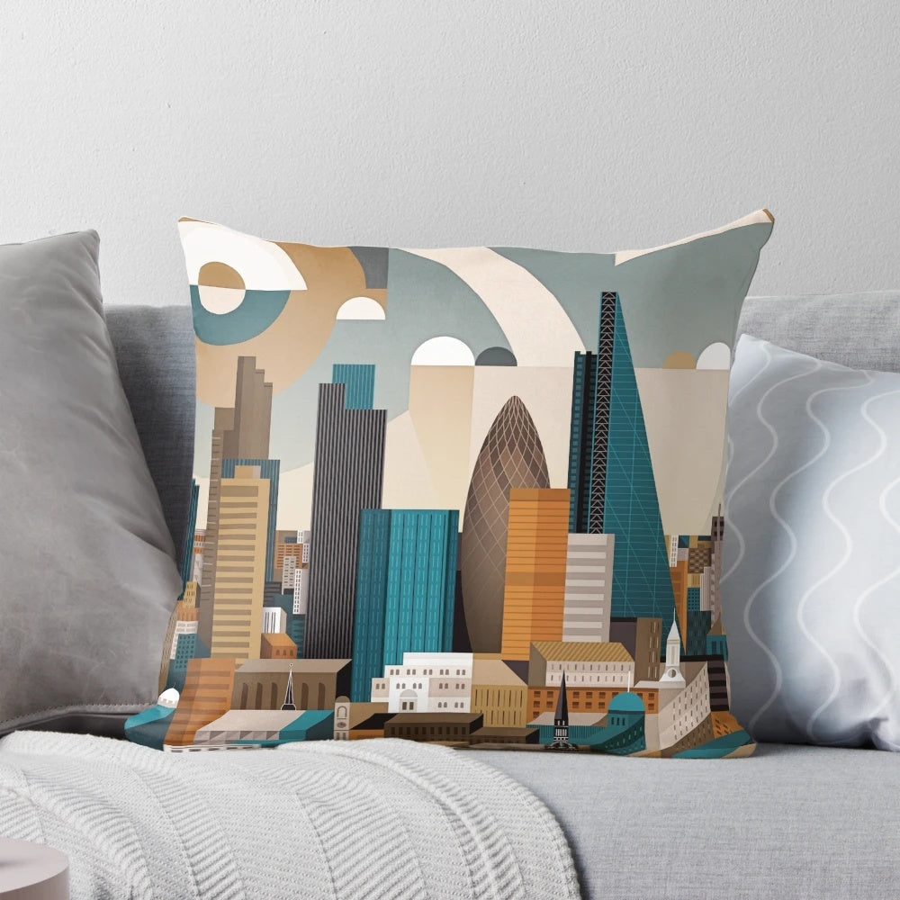 A decorative pillow featuring an abstract, modern design of the iconic London skyline.