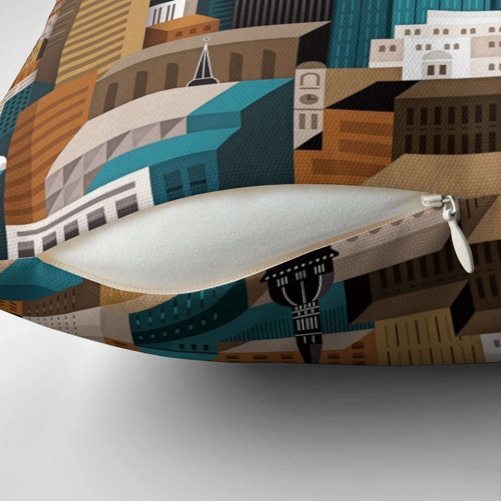 A decorative pillow featuring an abstract, modern design of the iconic London skyline.
