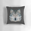 A high-quality, low-poly design pillow featuring a majestic grey wolf in a modern, geometric style.