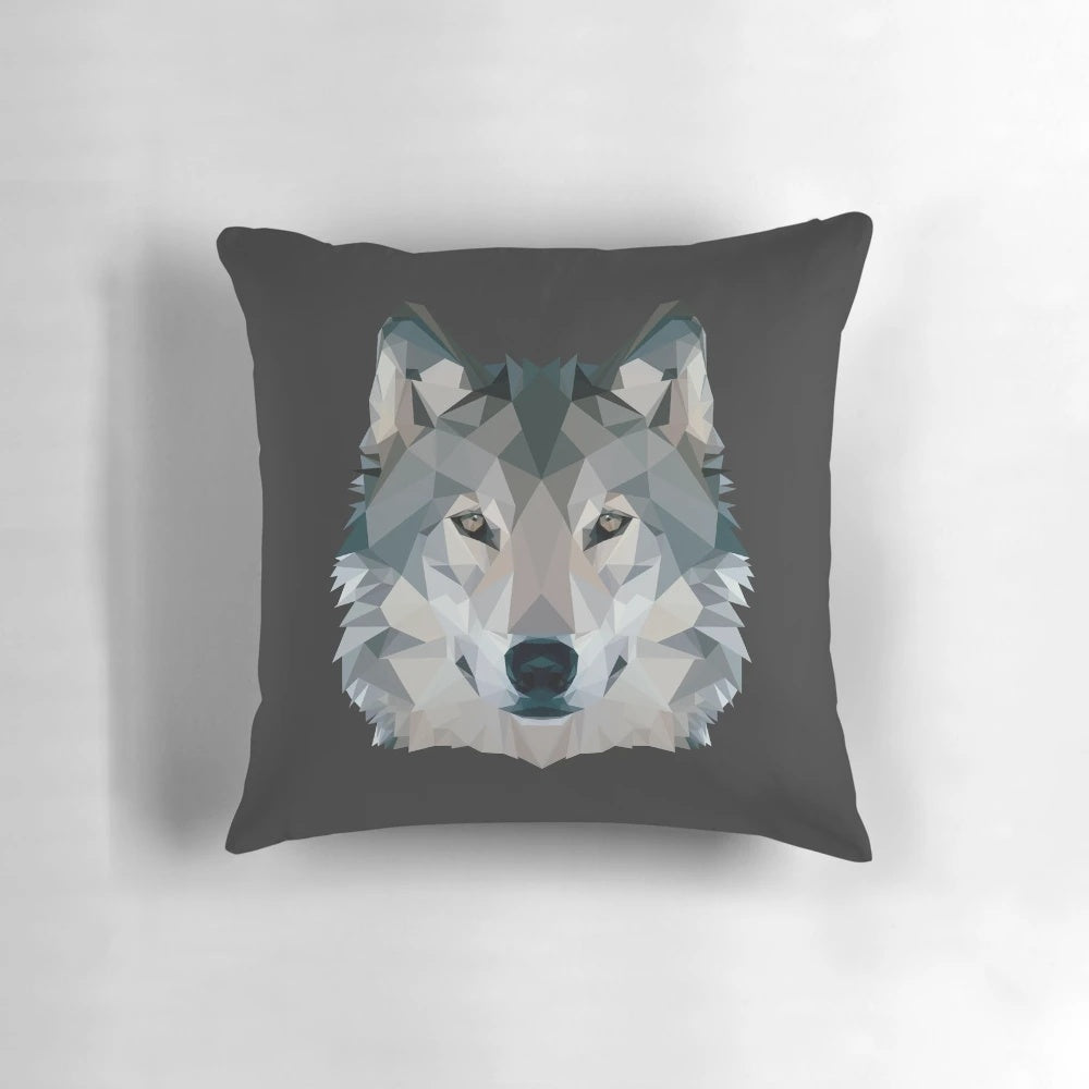 A high-quality, low-poly design pillow featuring a majestic grey wolf in a modern, geometric style.