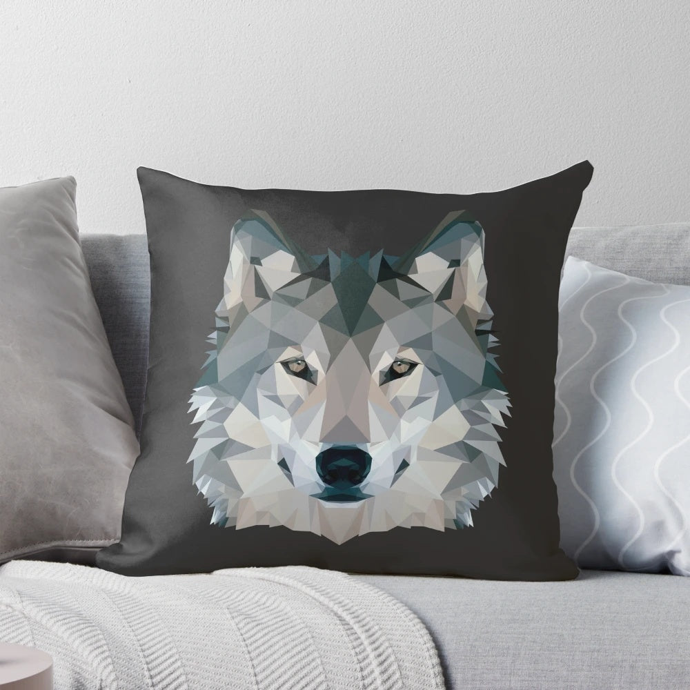 A high-quality, low-poly design pillow featuring a majestic grey wolf in a modern, geometric style.