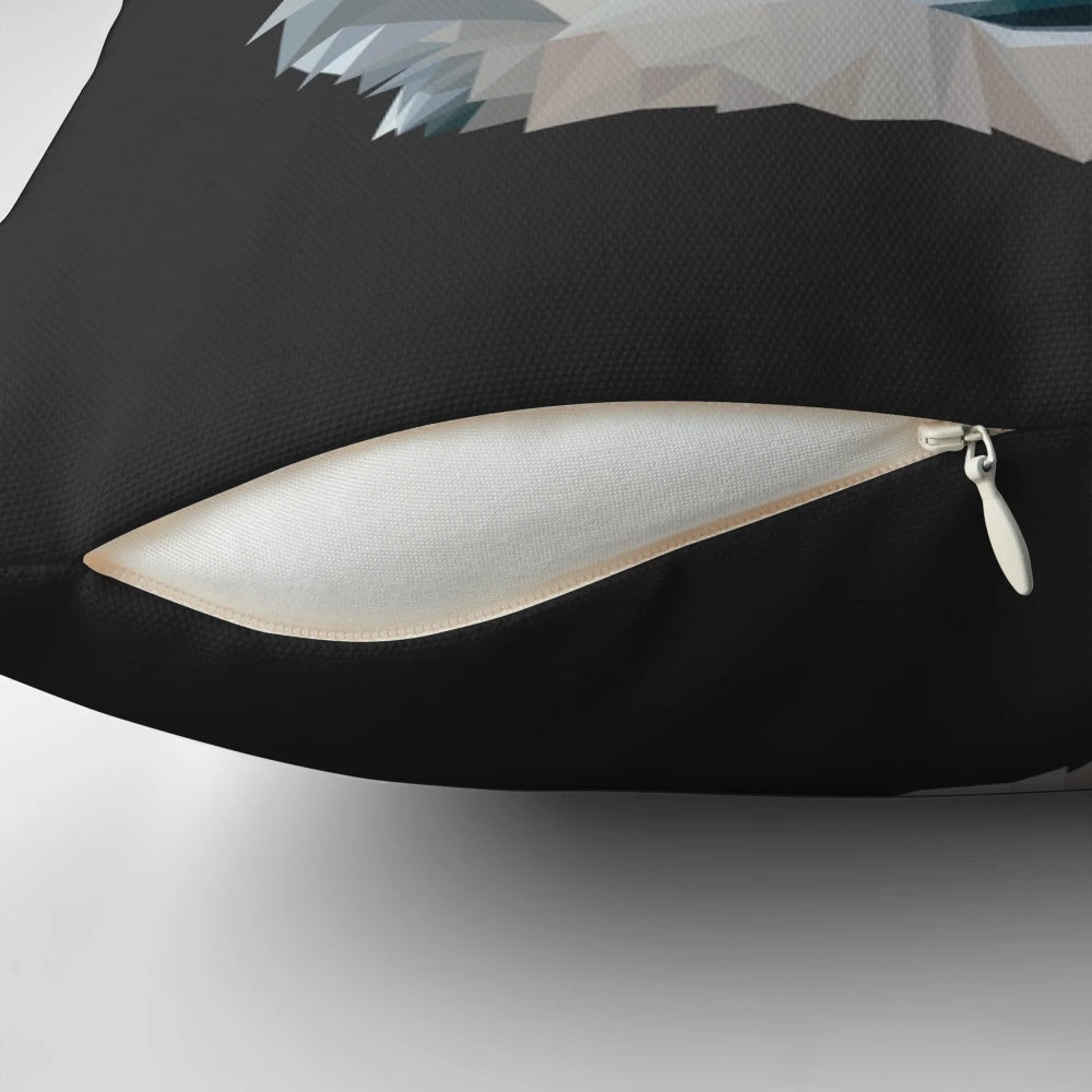 A high-quality, low-poly design pillow featuring a majestic grey wolf in a modern, geometric style.
