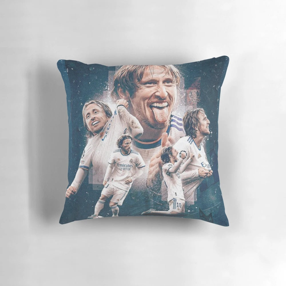 Luka Modric art pillow featuring a vibrant illustration of the renowned Croatian footballer