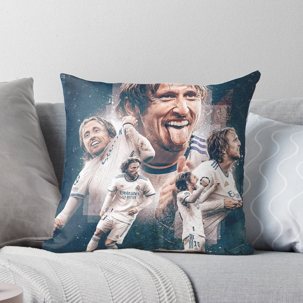 Luka Modric art pillow featuring a vibrant illustration of the renowned Croatian footballer