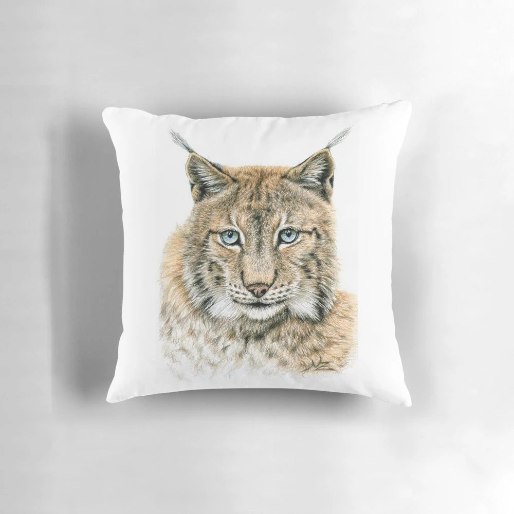 Closeup portrait of a captivating lynx (Lynx lynx), also known as the Eurasian lynx or the luchs, showcased on a high-quality pillow design.