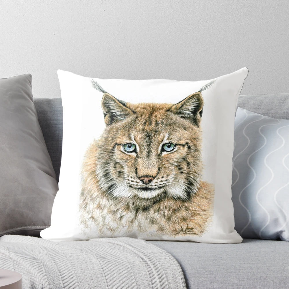 Closeup portrait of a captivating lynx (Lynx lynx), also known as the Eurasian lynx or the luchs, showcased on a high-quality pillow design.