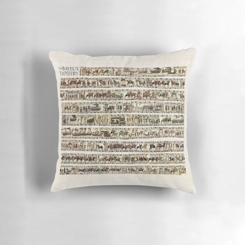 Detailed medieval art illustration of the Battle of Hastings on a decorative pillow