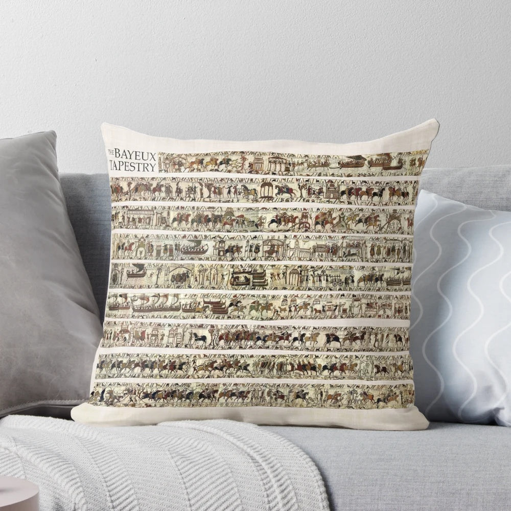 Detailed medieval art illustration of the Battle of Hastings on a decorative pillow