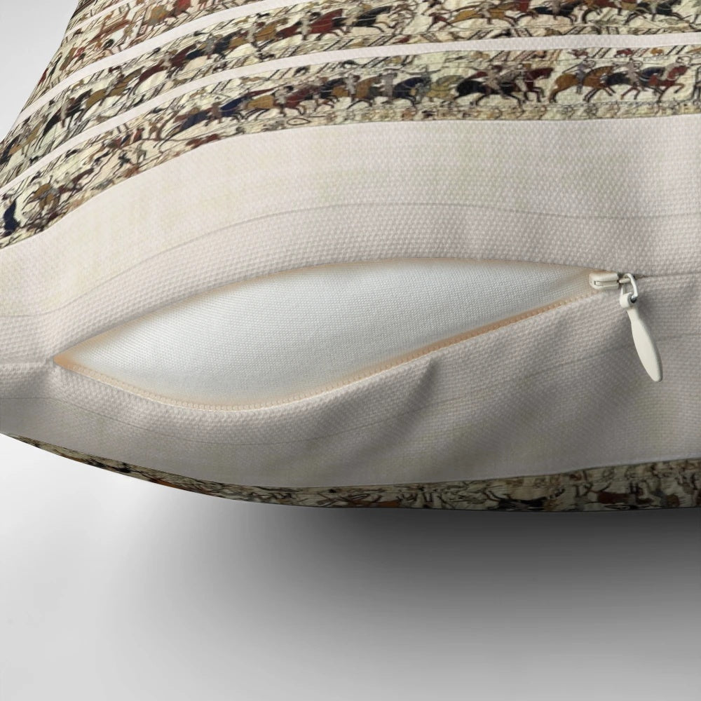 Detailed medieval art illustration of the Battle of Hastings on a decorative pillow