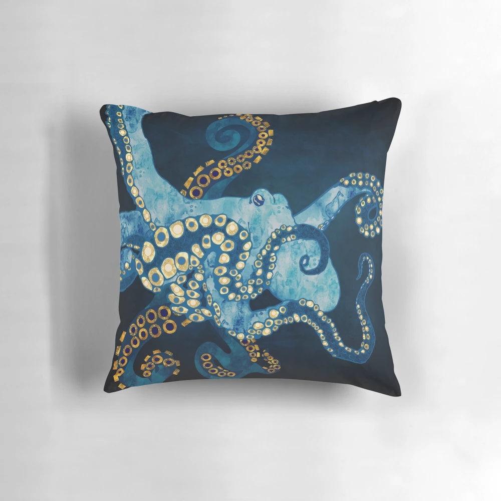 Metallic Octopus Pillow with Cephalopod Tentacles in Blue, Gold, and White