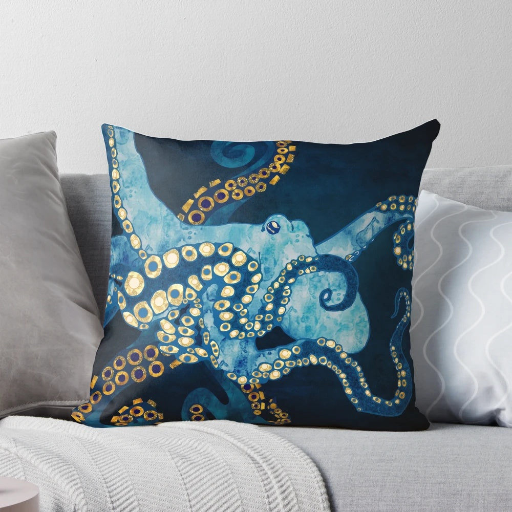 Metallic Octopus Pillow with Cephalopod Tentacles in Blue, Gold, and White