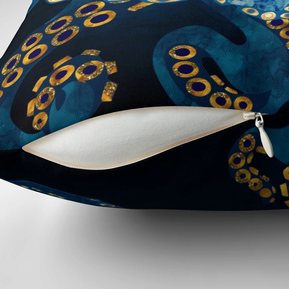 Metallic Octopus Pillow with Cephalopod Tentacles in Blue, Gold, and White