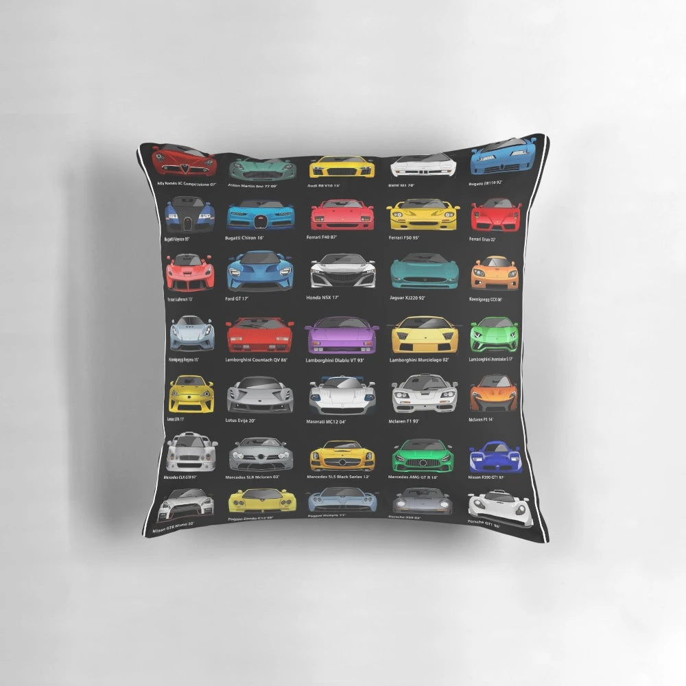 "Stylish minimalist pillow featuring a sleek 'Super Cars' design for car lovers"