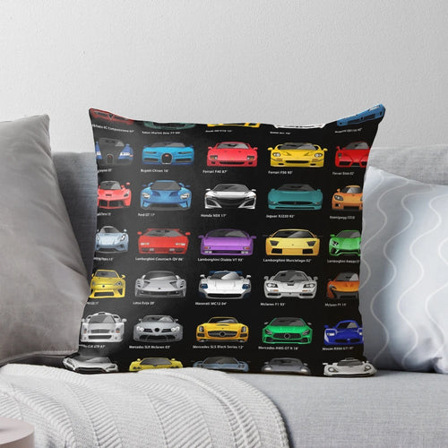 "Stylish minimalist pillow featuring a sleek 'Super Cars' design for car lovers"