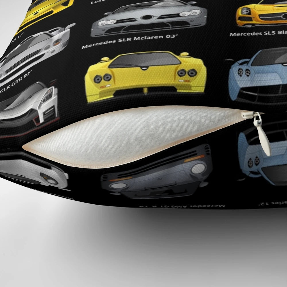 "Stylish minimalist pillow featuring a sleek 'Super Cars' design for car lovers"