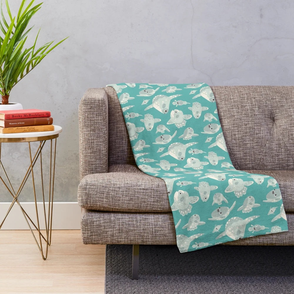 Mola mola plush blanket featuring a hand-drawn, watercolor-style sunfish design