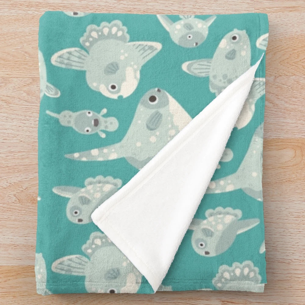 Mola mola plush blanket featuring a hand-drawn, watercolor-style sunfish design