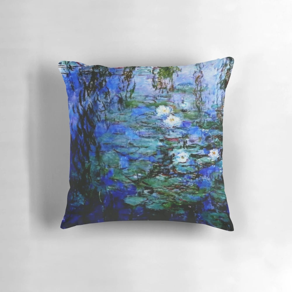 Pillow featuring Claude Monet's iconic blue and white water lily painting, Les Nymphéas Bleus et Blancs