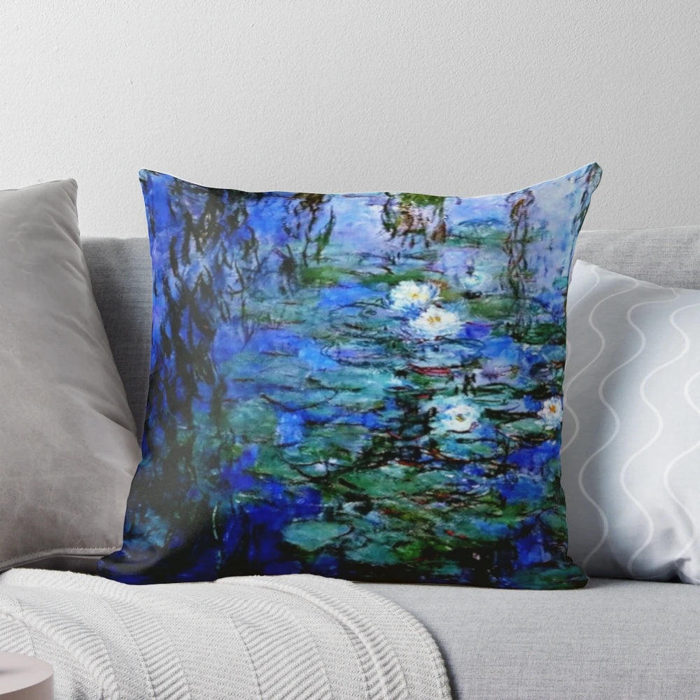 Pillow featuring Claude Monet's iconic blue and white water lily painting, Les Nymphéas Bleus et Blancs