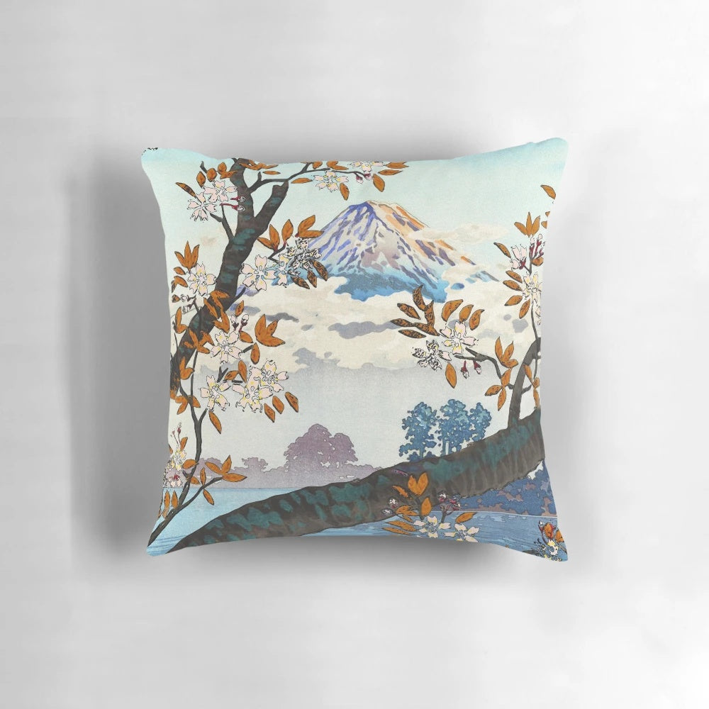 Serene nature landscape pillow featuring a beautiful vintage-style collage of natural elements and Japanese-inspired artwork.