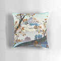 Serene nature landscape pillow featuring a beautiful vintage-style collage of natural elements and Japanese-inspired artwork.