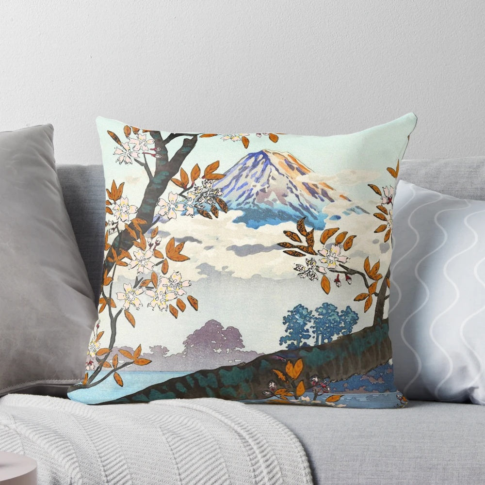 Serene nature landscape pillow featuring a beautiful vintage-style collage of natural elements and Japanese-inspired artwork.