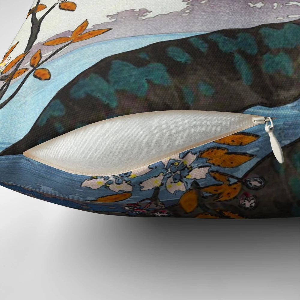 Serene nature landscape pillow featuring a beautiful vintage-style collage of natural elements and Japanese-inspired artwork.