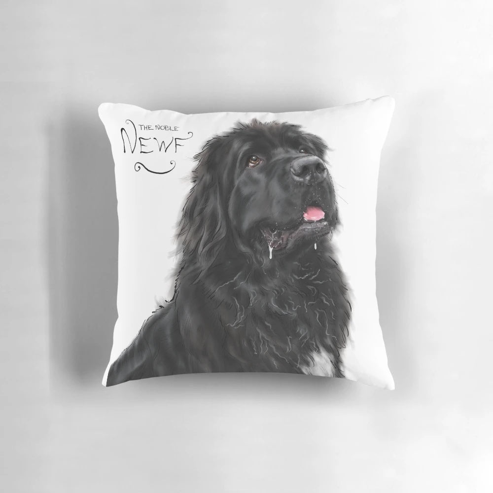 A beautiful digital illustration of a majestic Newfoundland dog, featured on a high-quality pillow.