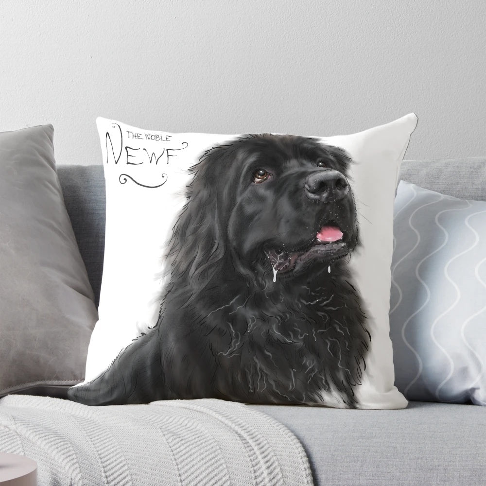A beautiful digital illustration of a majestic Newfoundland dog, featured on a high-quality pillow.