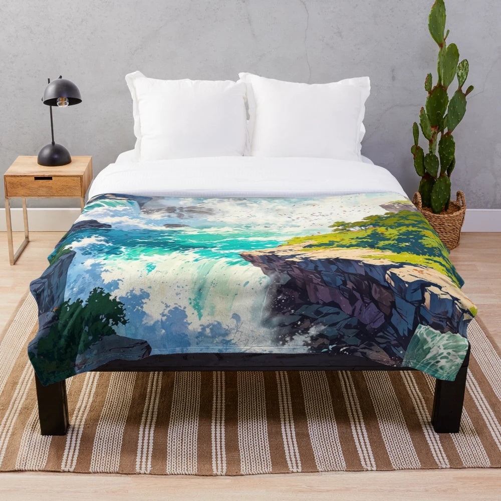 Teal plush blanket featuring the iconic Niagara Falls landscape