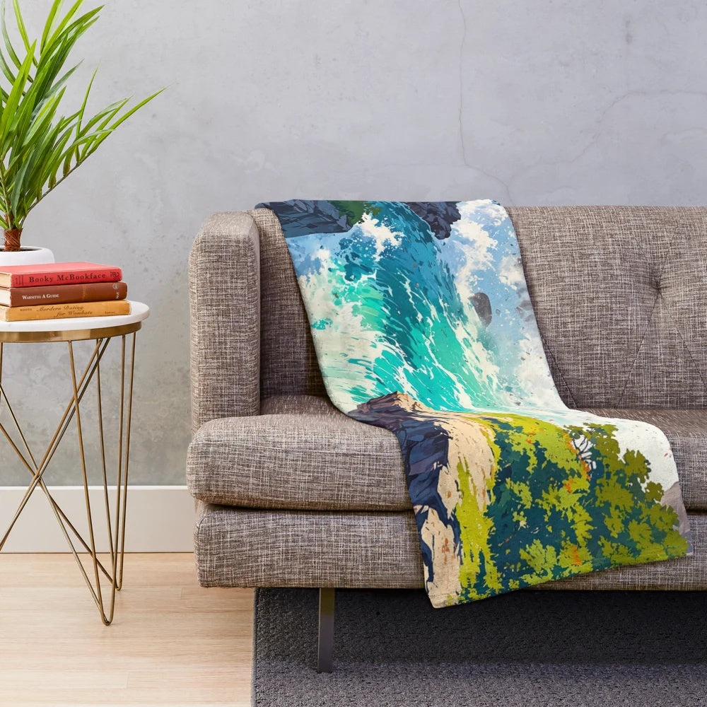 Teal plush blanket featuring the iconic Niagara Falls landscape