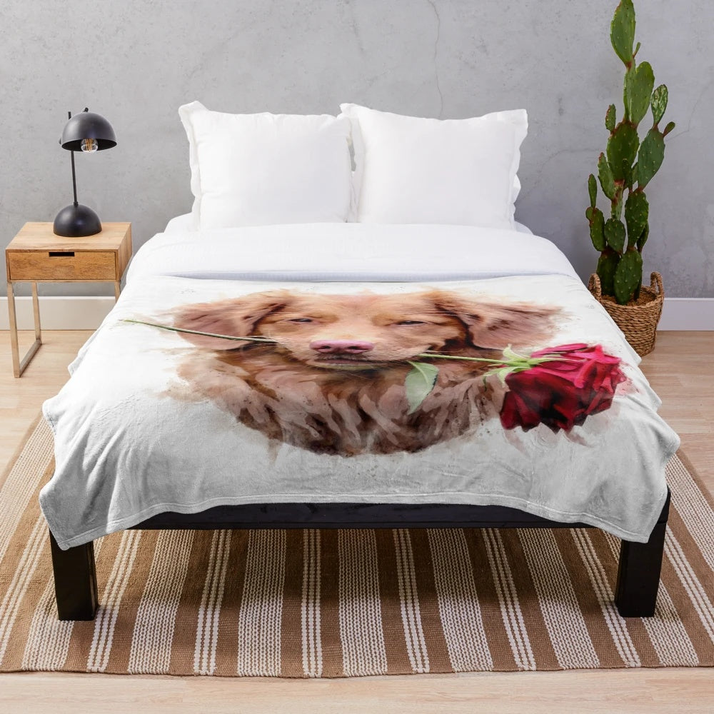 Nova Scotia Duck Tolling Retriever with rose watercolor design on plush blanket