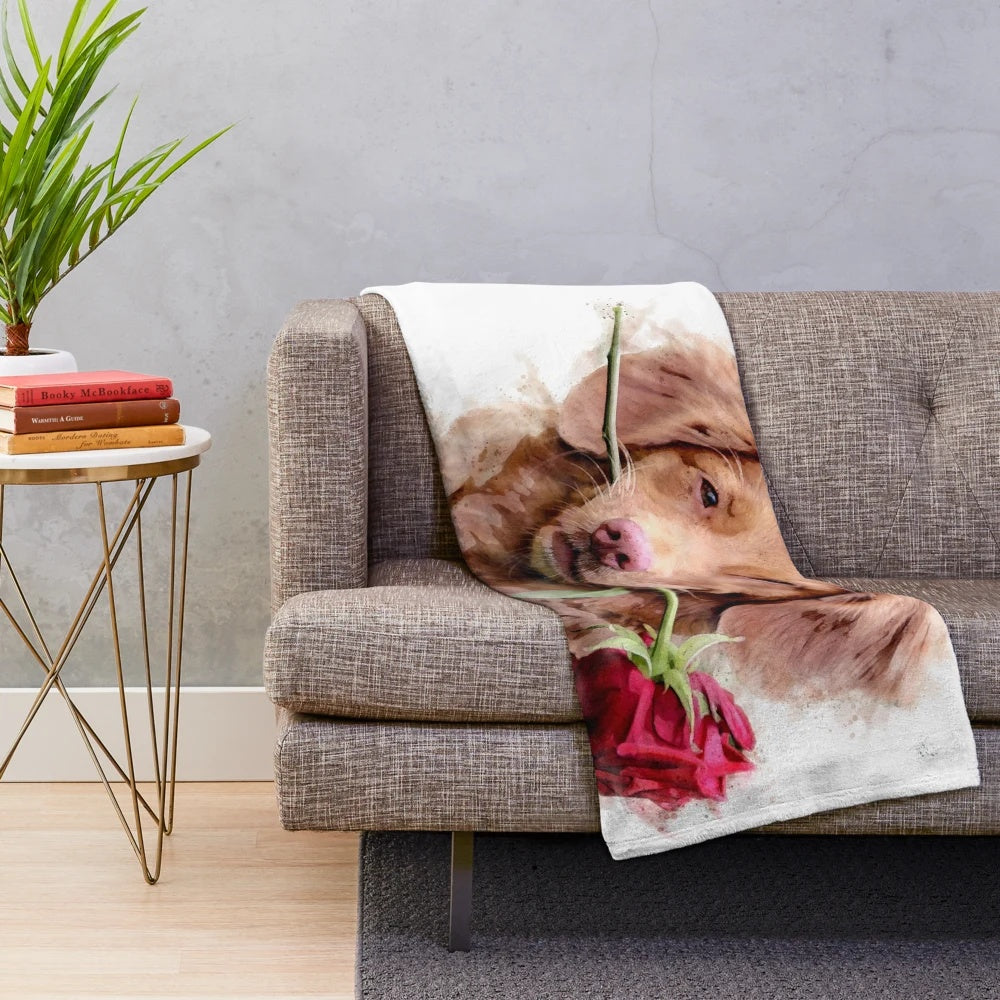 Nova Scotia Duck Tolling Retriever with rose watercolor design on plush blanket